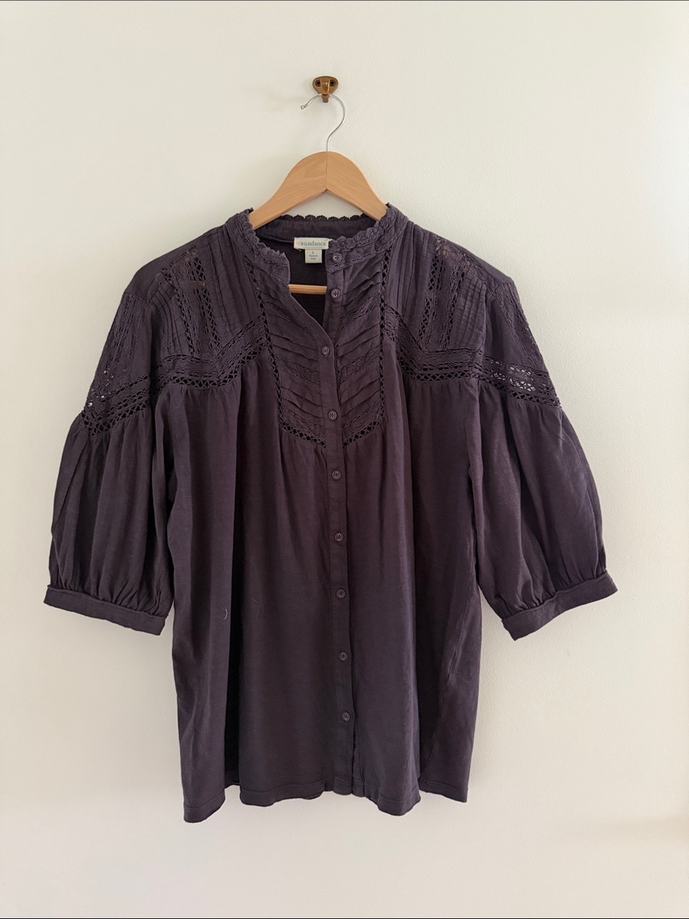 Sundance Boho Blouse  Button Up Lace Pintuck Charcoal Gray Short Sleeve L